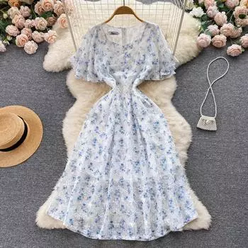 RUGOD нежное французское платье с квадратным вырезом, летнее женское платье миди в форме груши с талией для отпуска и цветочным принтом
