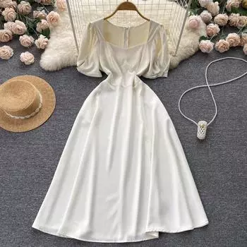RUGOD нежное французское платье с квадратным вырезом и пышными рукавами, новое летнее тонкое и милое платье трапециевидной формы с высокой талией