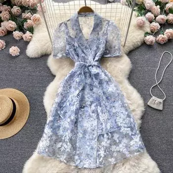 RUGOD Нежное французское платье трапециевидной формы с v-образным вырезом для девочек и завязками на талии для девочек, уменьшающее возраст