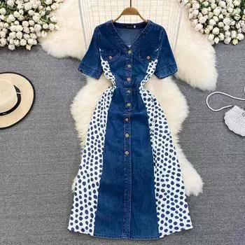RUGOD Нежное летнее стильное джинсовое платье трапециевидной формы с v-образным вырезом и короткими рукавами, элегантное длинное платье в горошек M синий