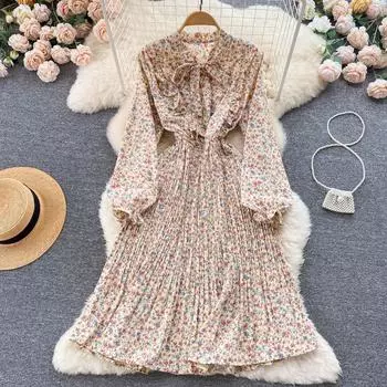 RUGOD нежное платье с бантом и рукавами-фонариками, осеннее женское платье с тонким цветочным принтом и приморским отдыхом на талии One Size бежевый