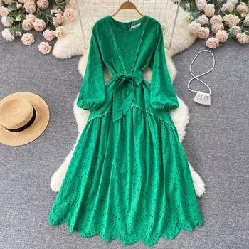 RUGOD Нежное полое французское платье женское с высокой талией и тонким темпераментным универсальным легким легким длинным платьем в привычном стиле с большими качелями One Size чёрный