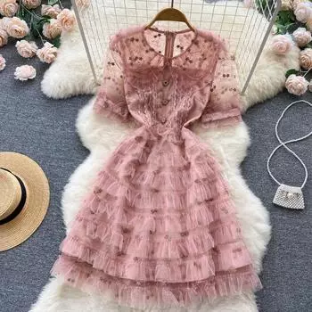 RUGOD Нежное розовое платье, женское летнее новое стильное платье с тонкой талией и тонкой многослойной сеткой, темпераментное универсальное платье трапециевидной формы