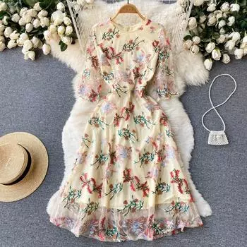 RUGOD, нежное сетчатое платье в стиле ретро с принтом, кружевное платье с вышивкой на талии и тонкими рукавами-пузырьками, платье феи