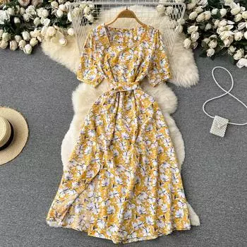 RUGOD Нежное стильное нишевое платье с квадратным воротником и пышными рукавами с цветочным принтом и французским платьем с разрезом на талии One Size