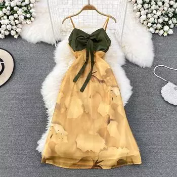 RUGOD Нежное стильное женское платье на подтяжках с v-образным вырезом, морское праздничное пляжное платье, модное платье трапециевидной формы без рукавов с открытой спиной