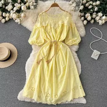 RUGOD нежное темпераментное французское платье женское универсальное кружевное платье трапециевидной формы с рукавами-фонариками на талии