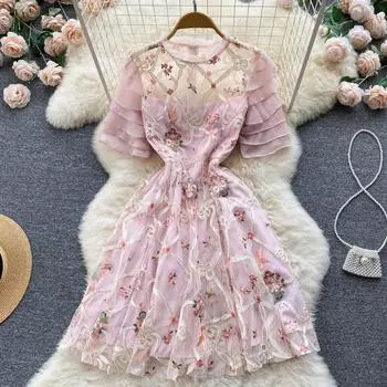RUGOD нежное ветровое милое платье с цветочным принтом, новое летнее женское высококачественное сетчатое платье с вышивкой, темпераментное платье на талии M розовый
