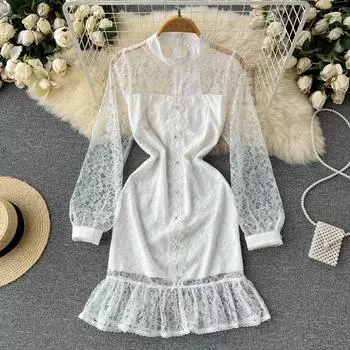 RUGOD Нежное ветровое платье феи, новинка 2022 года, летнее прозрачное кружевное платье с тонкой талией и длинными рукавами, рыбий хвост