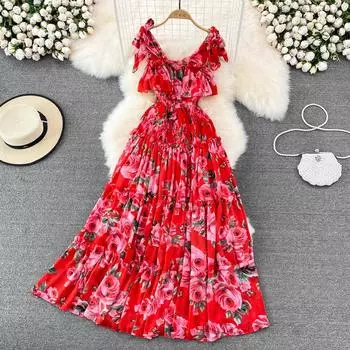 RUGOD Нежное ветровое платье на подтяжках для отдыха на море, пляжное платье, модное длинное платье без рукавов и спины с высокой талией, большие качели One Size чёрный