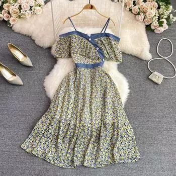 RUGOD Нежное ветровое платье с цветочным принтом на подтяжках, модное тонкое платье трапециевидной формы с открытой талией, большое свободное платье