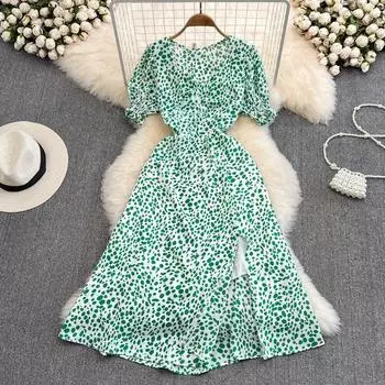 RUGOD Нежные ветровые рукава с объемной талией, чтобы показать тонкое шифоновое платье с v-образным вырезом и цветочным принтом, элегантное темпераментное длинное платье, летнее