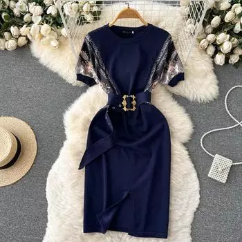 RUGOD Нежный стиль во французском стиле, благородный, элегантный, темпераментный, женская сумка, вязаное платье на бедрах, тонкое универсальное платье с кружевной талией, женское S синий