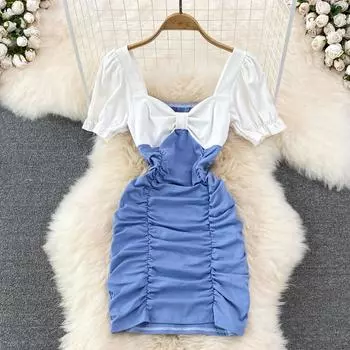 RUGOD Нежный стиль во французском стиле, платье для первой любви, подходящее по цвету платье с квадратным вырезом, бантом, плиссированной талией, пышным рукавом, летнее платье