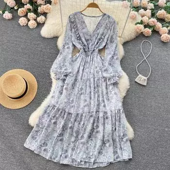 RUGOD Нежный ветер Сладкое платье феи с цветочным принтом 2022 Весна Новая мода Маленькое свежее темпераментное большое распашное платье