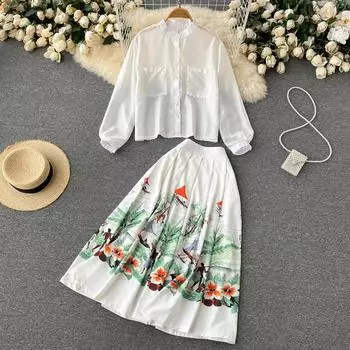 RUGOD Нежный ветровой костюм в стиле ретро с гонконгским вкусом, женский весенний костюм средней длины с принтом 2022, белая рубашка, костюм из двух предметов