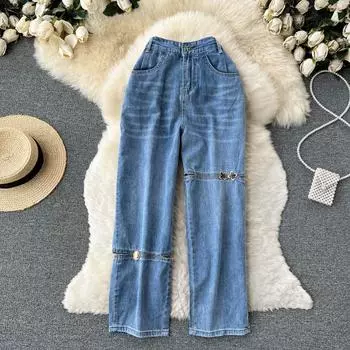 RUGOD Niche Design Sense Hole Свободные прямые джинсы женские летние тонкие широкие длинные брюки High Street S синий