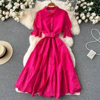 RUGOD Niche Полое платье с вышивкой, женское летнее новое платье-миди с талией и тонкими пышными рукавами M чёрный