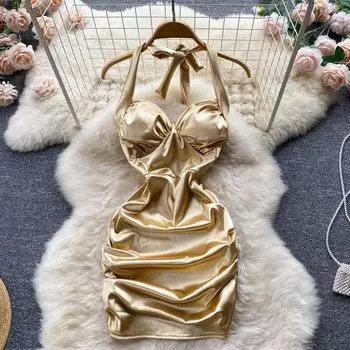 RUGOD, новая летняя корейская версия, сексуальное платье с высокой талией, тонкий плиссированный рюкзак с лямкой на шее, открытое платье на бедрах, легкое платье в знакомом стиле