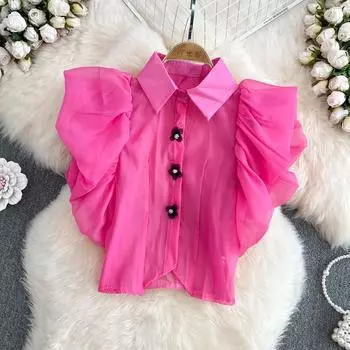RUGOD, новая летняя рубашка с объемными цветочными лацканами и пышными рукавами, милая возрастная рубашка, женский короткий топ в иностранном стиле