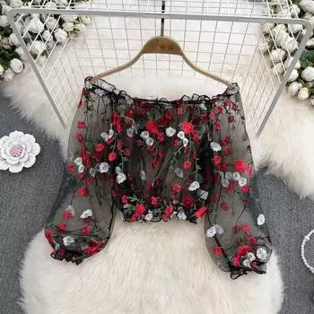RUGOD новая летняя шифоновая рубашка с открытыми плечами и вышивкой, женский короткий топ с талией в западном стиле One Size чёрный