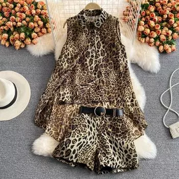 RUGOD, новая летняя женская модная свободная и тонкая рубашка в западном стиле без рукавов, модный комплект из двух предметов с леопардовым принтом