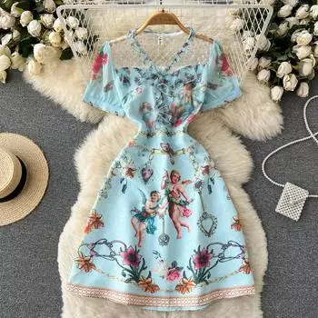 RUGOD новая летняя женская одежда, дизайн, французский принт и сетчатая вышивка, милое платье с кружевным воротником и короткими рукавами RUGOD M синий