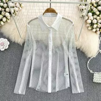 RUGOD Новая модная тяжелая промышленность Яркий ромбовидный универсальный темперамент Повседневная рубашка с длинными рукавами с воротником-поло Перспективный свободный топ