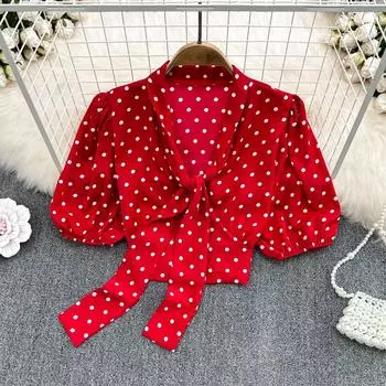 RUGOD новая плиссированная женская шифоновая рубашка с v-образным вырезом и рукавами-фонариками и тонкой шифоновой рубашкой в горошек, короткий топ на пуговицах