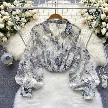 RUGOD, новая весенне-осенняя шикарная чернильная рубашка в стиле ретро, женская шифоновая рубашка с нишевым дизайном, кардиган с рукавами-фонариками, женский топ