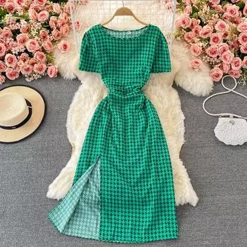 RUGOD/Новинка лета 2022 года, милое платье First Love для перерыва на чай, детское французское платье с круглым вырезом, средней длины, клетчатое платье с разрезом, с короткими рукавами One Size бежевый