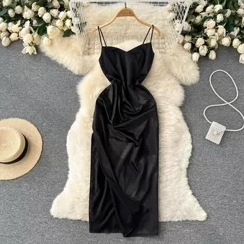 RUGOD/Новинка лета 2022, плиссированное маленькое черное платье с разрезом на подтяжках, женское вечернее платье в праздничном стиле, платье во французском стиле ретро