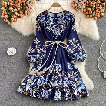 RUGOD, новинка весны 2022, винтажное высококачественное винтажное платье трапециевидной формы с круглым вырезом и длинными рукавами, с принтом знаменитостей One Size розовый