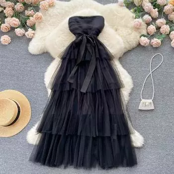 RUGOD Новое летнее банкетное платье с высокой талией и открытыми плечами, многослойное сетчатое дизайнерское платье, нежное ветровое платье S чёрный