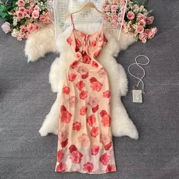 RUGOD Новое летнее французское платье для первой любви на одно плечо с принтом, темпераментное женское платье, уменьшающее возраст, тонкое шифоновое платье на бретельках S оранжевый/красный