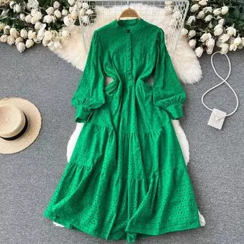 RUGOD Новое летнее французское платье с воротником-стойкой, женское высококачественное платье трапециевидной формы с длинными рукавами и вышивкой на талии для похудения