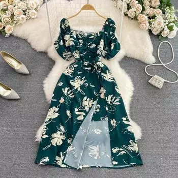 RUGOD Новое летнее французское ретро-платье трапециевидной формы с квадратным вырезом и короткими рукавами и талией для похудения средней длины с цветочным принтом
