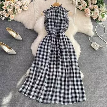 RUGOD Новое летнее клетчатое платье трапециевидной формы без рукавов с воротником-стойкой и цветочным принтом на талии, элегантное большое свободное платье