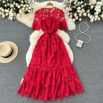 RUGOD Новое летнее кружевное платье с вырезом-стойкой и короткими рукавами в европейском и американском стиле, длинное платье выше колена длиной до талии One Size зелёный