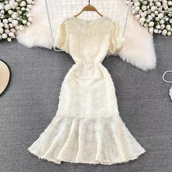 RUGOD Новое летнее легкое роскошное платье с круглым вырезом и короткими рукавами, облегающее и тонкое женское платье трапециевидной формы с рюшами и рыбьим хвостом