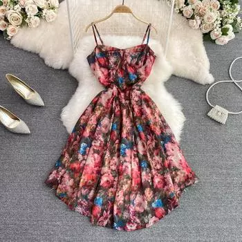 RUGOD Новое летнее милое платье на подтяжках с цветочным принтом, модное темпераментное шифоновое платье без рукавов неправильной формы с буквенным принтом, женское пышное платье