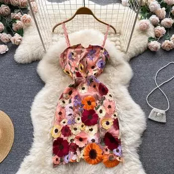 RUGOD Новое летнее милое тонкое сетчатое платье с тонкой талией и цветочной вышивкой, кружевное платье на подтяжках, платье трапециевидной формы