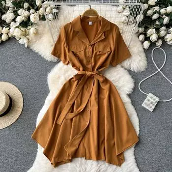 RUGOD, новое летнее модное универсальное однотонное платье с v-образным вырезом и повязкой на талии, большое женское платье средней длины