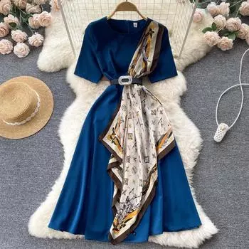 RUGOD Новое летнее платье, дизайнерское, с французским темпераментом, с принтом на талии, длинное платье средней длины с рюшами, женское