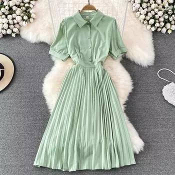 RUGOD Новое летнее платье-рубашка средней длины в стиле Хепберн, модное тонкое плиссированное платье трапециевидной формы с короткими рукавами и лацканами на талии