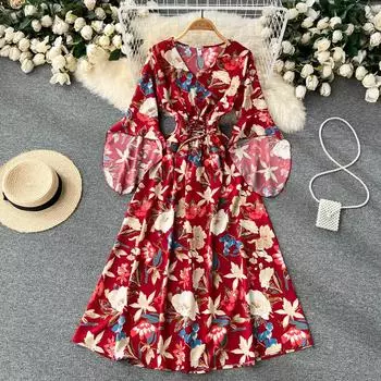 RUGOD Новое летнее платье с v-образным вырезом во французском стиле ретро с рукавами-фонариками и принтом Платье трапециевидной формы с высокой талией Шифоновое платье Большое свободное длинное платье