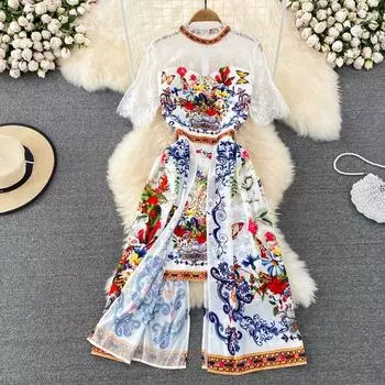 RUGOD новое летнее платье в этническом стиле с кружевной строчкой и нерегулярным разрезом и принтом с вышивкой, темпераментное платье с кружевным воротником, женское платье для отдыха