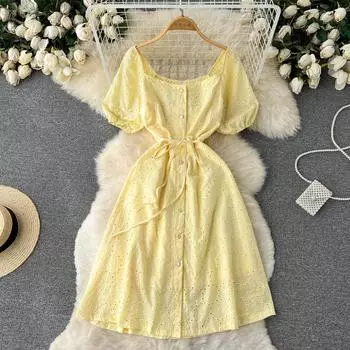 RUGOD, новое летнее платье в стиле ретро, корейская версия, свободное однотонное платье трапециевидной формы с квадратным воротником и короткими рукавами, женское платье трапециевидной формы с завязкой на талии One Size синий