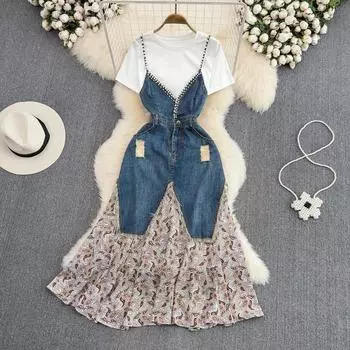 RUGOD, новое летнее платье во французском стиле с тонкой талией, джинсовое платье трапециевидной формы на подтяжках, футболка с круглым вырезом, женский костюм из 2 предметов