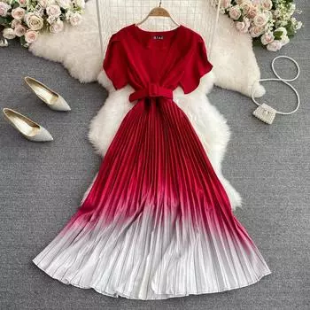 RUGOD Новое летнее потрясающее модное плиссированное платье с v-образным вырезом и талией, элегантное длинное платье трапециевидной формы с большим свободным кроем One Size чёрный